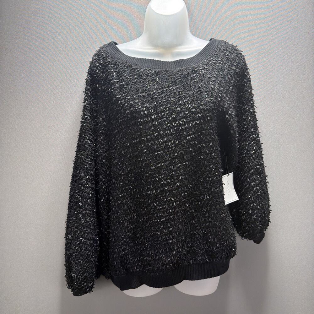 NWT 1. State Women's S Black Fringe Balloon Sleeve Silver Shimmer Sweater Stretc